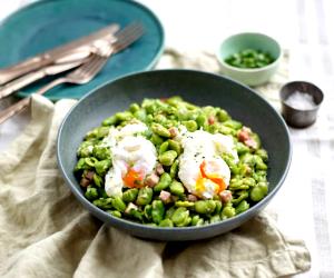 Quantas calorias em 1 Dose Favas Com Coentros E Ovos Escalfados?