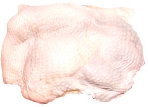 Quantas calorias em 1 Oz, Com Ossos, Crua, Sem Pele (Produto Após Cozinhado, Ossos Removidos) Coxa de Frango (Pele Não Consumida)?