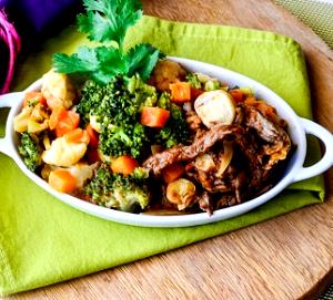 Quantas calorias em 1 Porçoes Carne Com Brócolis, Couve-Flor E Cenoura?