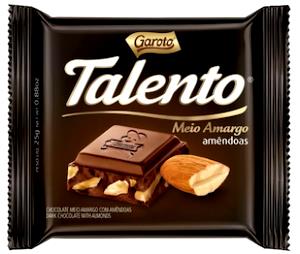 Quantas calorias em 1 unidade (4 quadradinhos) (25 g) Talento Meio Amargo Amêndoas?